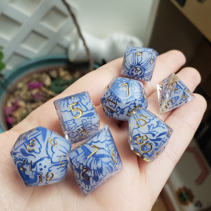 Porcelain Blue (Handpainted) Dice Set For Dungeons And Dragons Tabletop RPG Games