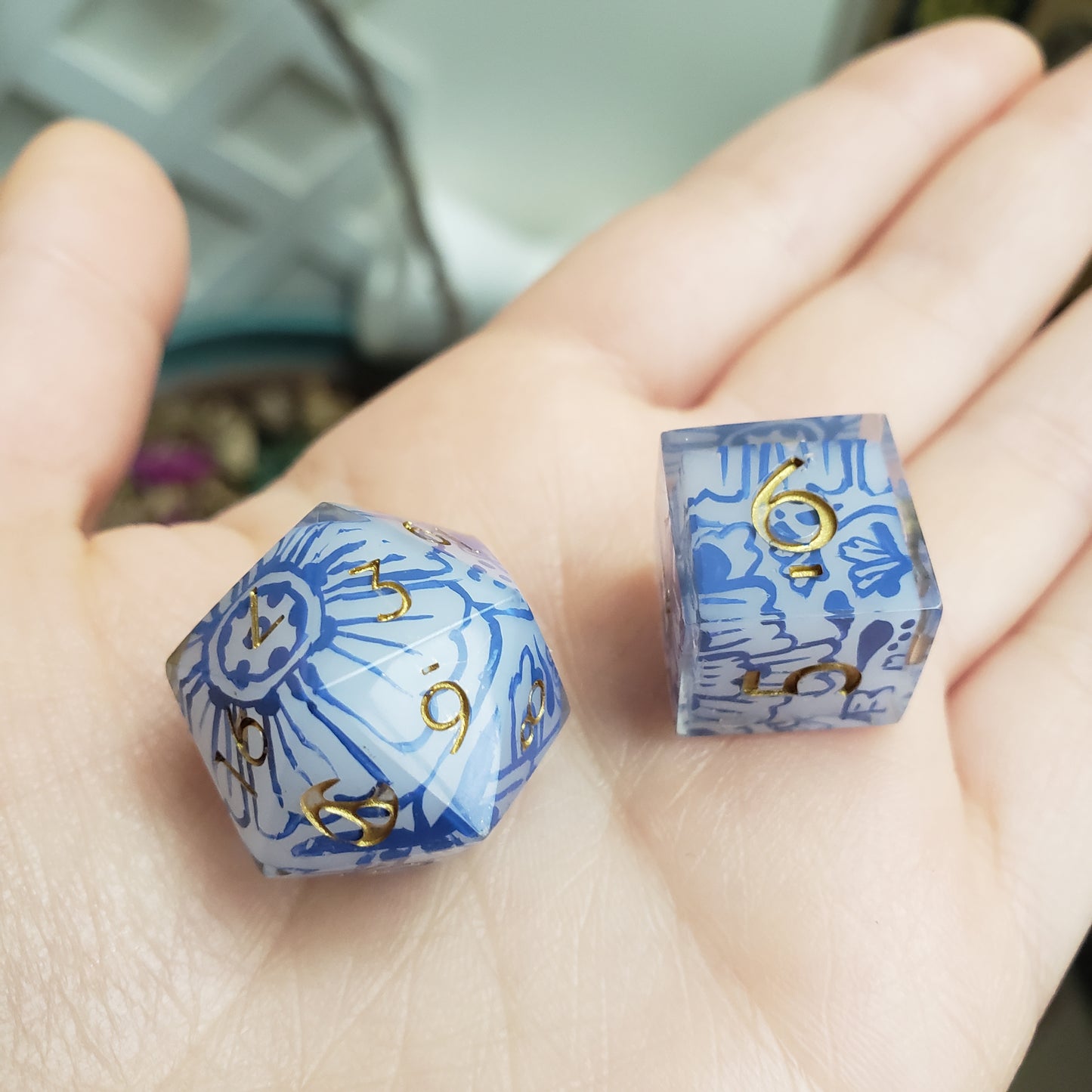 Porcelain Blue (Handpainted) Dice Set For Dungeons And Dragons Tabletop RPG Games